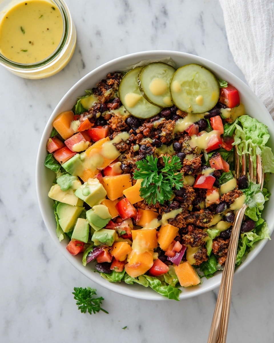 The salad is served in a white bowl on a white marbled surface, featuring a base layer of chopped green lettuce topped with diced red tomatoes and avocado chunks. Cubes of orange cheddar cheese are scattered throughout, along with small pieces of dark brown and black cooked beans mixed into a crumbly texture. Three round slices of green pickles rest near the top edge, with a drizzle of light yellow dressing spread over the salad. A sprig of fresh green parsley sits in the center, and a gold fork is placed on the right side inside the bowl. A clear jar with yellow dressing and a spoon is nearby on the white marbled surface. Photo taken with an iphone --ar 4:5 --v 7