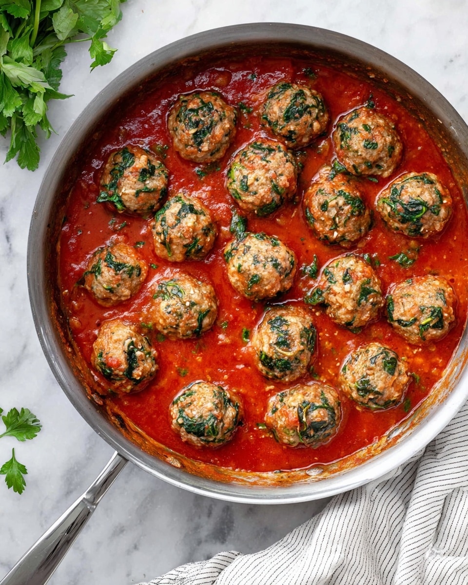 The image shows a metal pan filled with round meatballs cooked in a thick red tomato sauce. The meatballs have visible green spinach pieces and white bits inside, giving them a speckled look. They are evenly spaced, resting on the smooth, rich tomato sauce that has a slightly oily surface. The pan handle is visible at the bottom, placed on a white marbled surface with some green herbs and a striped white towel nearby. photo taken with an iphone --ar 4:5 --v 7