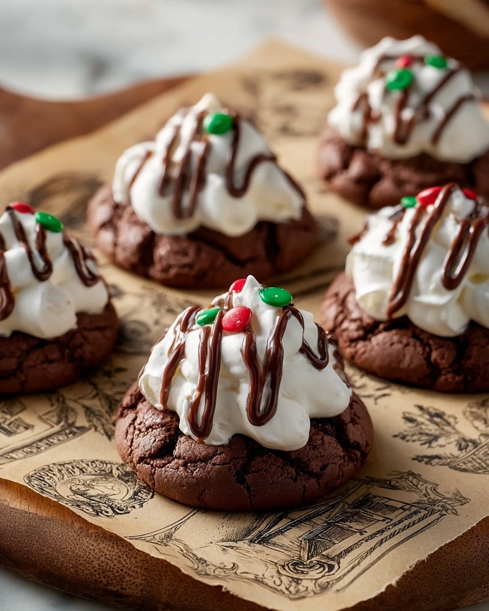 Five chocolate cookies are placed on a sheet of parchment paper with vintage-style black drawings, which rests on a wooden board. Each cookie has a soft, rough-textured dark brown base. On top of each cookie is a thick swirl of smooth, white whipped cream shaped like a small mountain. Drizzled over the whipped cream are three to four lines of shiny, dark brown chocolate sauce. Small round red and green candy sprinkles are scattered on the whipped cream, adding a festive touch. The scene is set on a white marbled texture surface in warm, natural light that highlights the textures and colors. Photo taken with an iphone --ar 4:5 --v 7