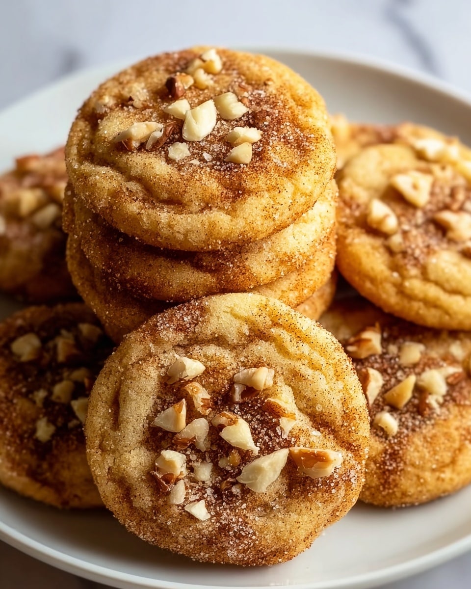 A close-up of a stack of soft cookies on a white plate, each cookie showing a golden brown color with a slightly cracked surface. The cookies are topped with small pieces of chopped nuts and a light dusting of cinnamon or sugar, adding texture and contrast. The cookies are arranged in a slightly messy pile with some cookies fully visible and others partially covered, all placed on a white marbled surface. Photo taken with an iphone --ar 4:5 --v 7