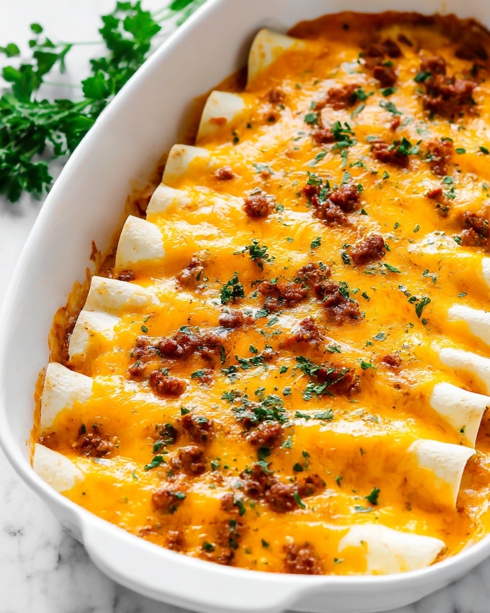This image shows a white oval baking dish filled with rolled enchiladas lined up side by side, each wrapped in a pale tortilla layer. The top layer is covered in melted, bright orange-yellow cheese with a glossy, slightly bubbly texture. Small pieces of browned ground meat scatter evenly across the cheese, adding a darker brown color with a crumbly texture. There are bits of chopped green herbs sprinkled on top, adding a touch of fresh green color. The dish sits on a white marbled background with a few sprigs of fresh green parsley visible in the corner. photo taken with an iphone --ar 4:5 --v 7