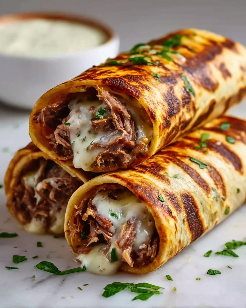 Three grilled wraps stacked on a white surface with a white marbled texture, each wrap rolled tightly showing layers of soft tortillas browned with grill marks on the outside, filled inside with shredded grilled meat and melted white cheese, scattered green herbs on top adding color, with a blurred white bowl containing a creamy dip in the background, photo taken with an iphone --ar 4:5 --v 7