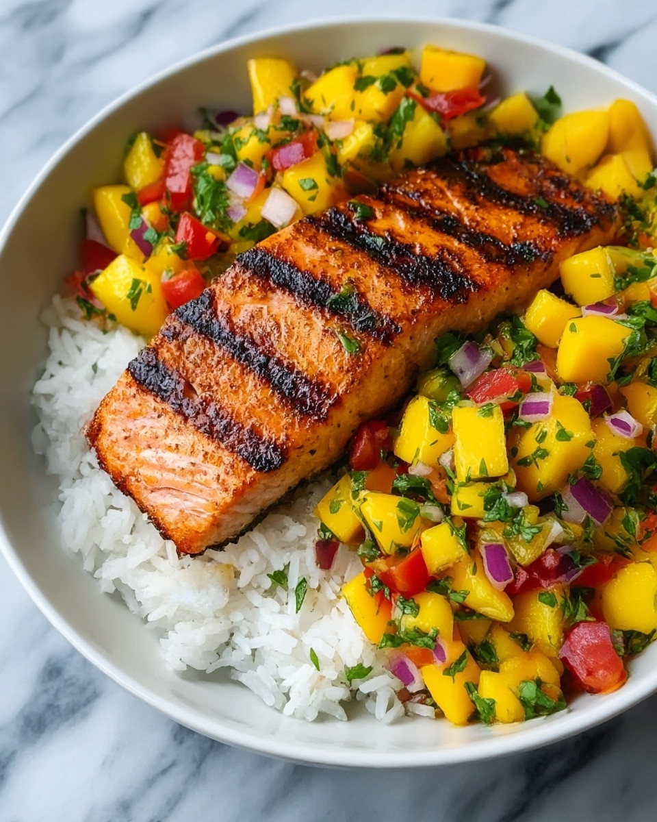 A white bowl filled with three layers: the bottom layer is white rice with a soft and fluffy texture, the middle layer is a piece of grilled salmon with dark brown grill marks and a slightly shiny, orange-pink surface, and the top layer is colorful mango salsa made of bright yellow mango cubes, red tomato pieces, small purple onion chunks, and chopped green herbs scattered all over. The bowl is placed on a white marbled surface. photo taken with an iphone --ar 4:5 --v 7