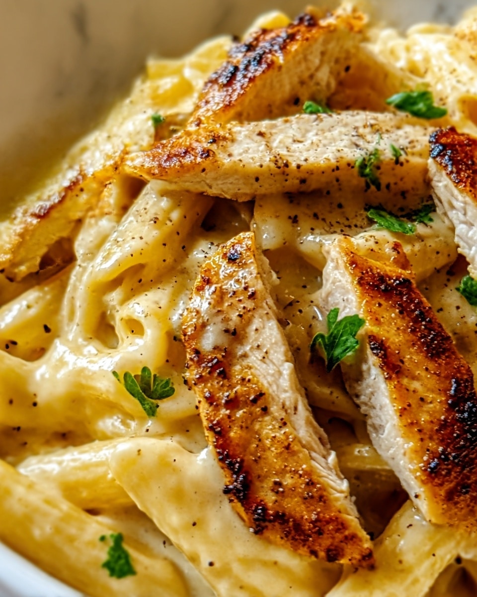 A close-up image of creamy pasta in a white bowl is shown, with penne pasta coated in a smooth, light yellow cream sauce forming the base layer. On top, there are several pieces of golden-brown grilled chicken, seasoned with specks of black pepper and small green parsley bits scattered around. The chicken pieces have a slightly crispy texture with charred spots. The background is a white marbled surface. The photo is vibrant and detailed, showing the mix of textures and colors clearly. photo taken with an iphone --ar 4:5 --v 7
