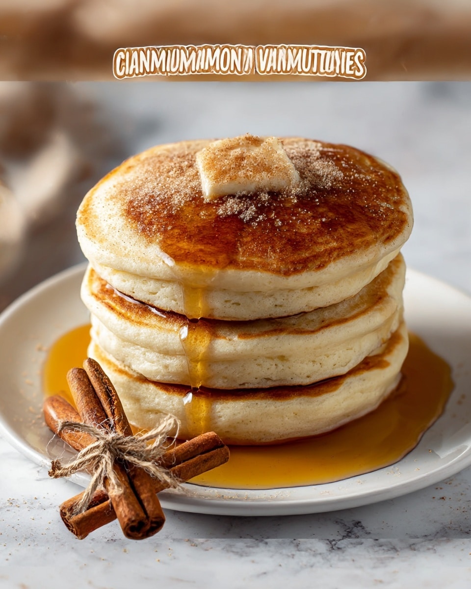 A stack of four thick, fluffy pancakes with a golden brown top layer sits in the center of a white plate placed on a white marbled surface. The pancakes have a soft, light beige color with slight browning around the edges, showing their cooked texture. On top of the stack, a small amount of cinnamon sugar is sprinkled, adding a light brown contrast. Golden syrup slowly drips down the sides of the pancakes, pooling around the base in a shiny amber color. Beside the stack on the plate are three cinnamon sticks tied together with a piece of twine, adding a rustic touch. The overall setting looks warm and inviting with soft lighting highlighting the fluffy texture of the pancakes. photo taken with an iphone --ar 4:5 --v 7