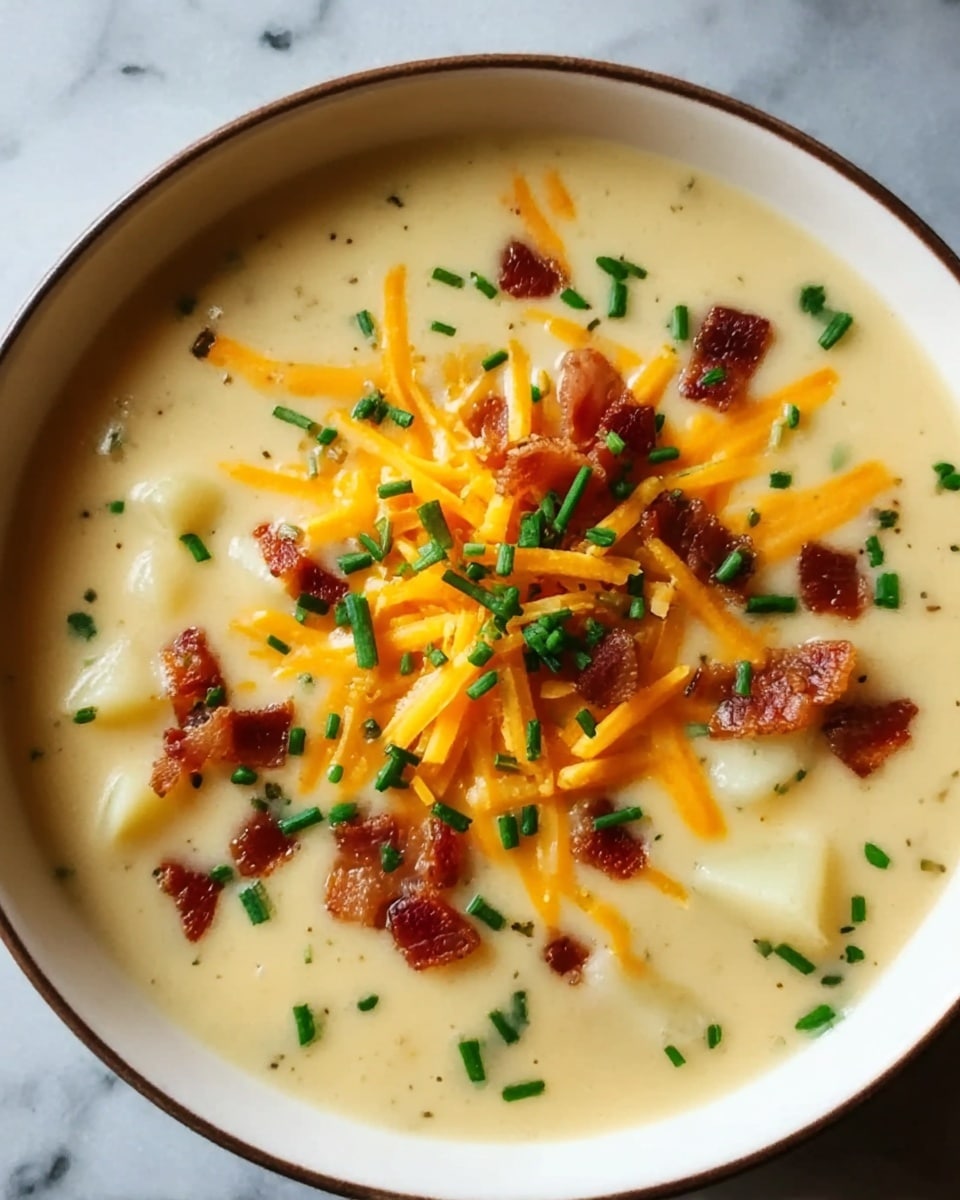 The image shows a bowl of creamy potato soup with a smooth pale yellow base, filled with small chunks of light yellow potatoes. On top, there are bright orange shredded cheese pieces, scattered crispy brown bacon bits, and small green chives sprinkled evenly. The bowl is a white ceramic bowl, sitting on a white marbled surface. Photo taken with an iphone --ar 4:5 --v 7