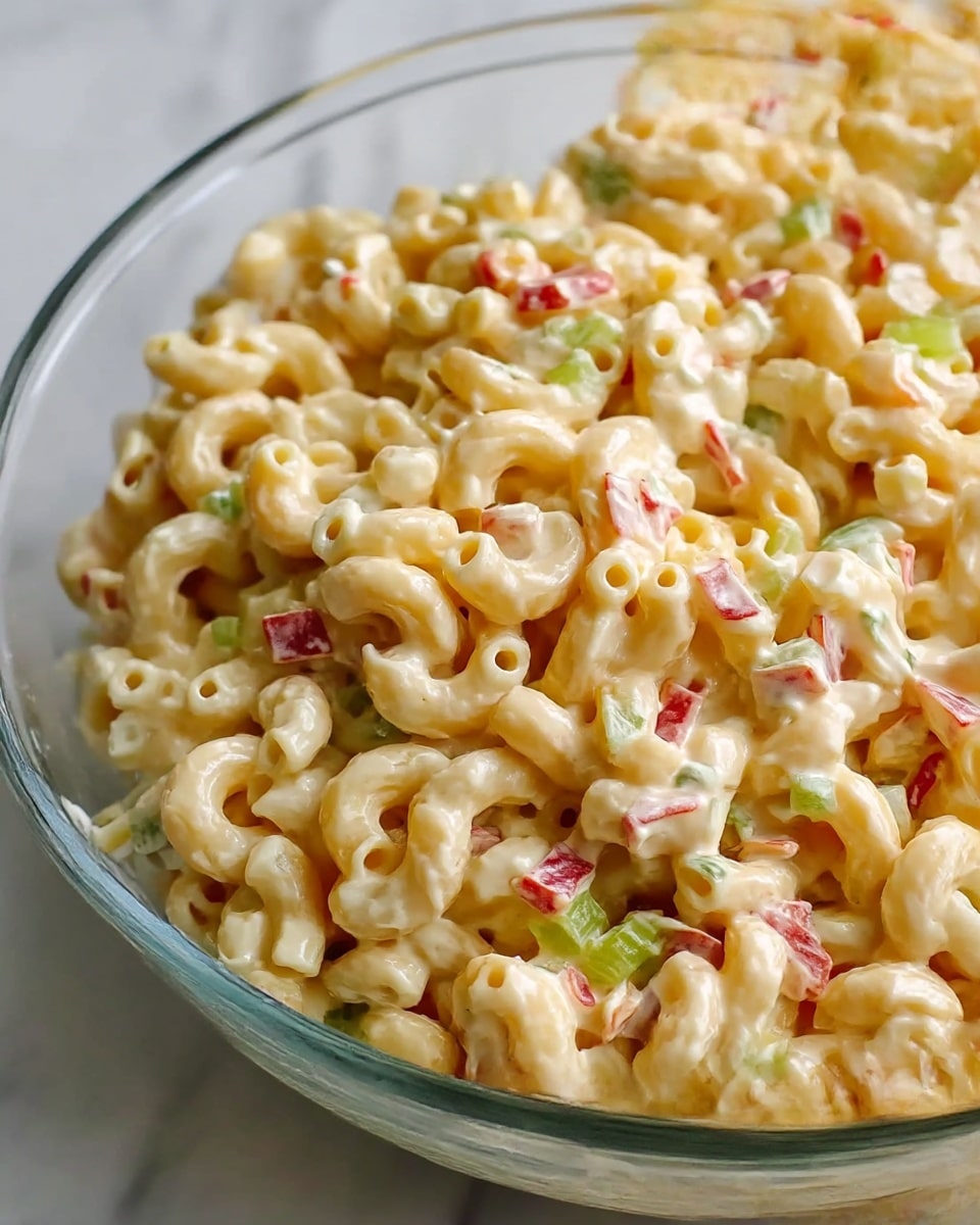 The image shows a close-up of creamy macaroni salad in a clear glass bowl, sitting on a white marbled surface. The salad consists of three main layers: cream-coated elbow macaroni in pale yellow, small pieces of red bell pepper scattered throughout, and tiny bits of green celery mixed evenly inside. The texture appears smooth and slightly glossy from the dressing, with the vegetables adding a fresh, crunchy contrast. photo taken with an iphone --ar 4:5 --v 7