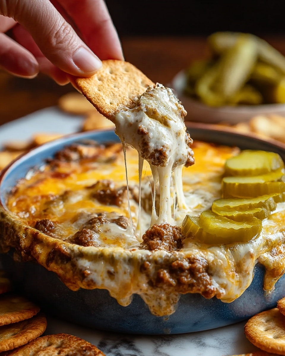 A close-up of a blue bowl filled with a creamy, cheesy dip layered with browned ground meat and melted yellow and white cheese, topped with several green pickle slices on one side. A woman's hand is lifting a light brown cracker covered in the thick, stringy cheese and meat mixture. The bowl sits on a white marbled surface with more crackers and pickles blurred in the background. The dip looks rich, warm, and inviting, with melted cheese stretching from the bowl to the cracker. photo taken with an iphone --ar 4:5 --v 7