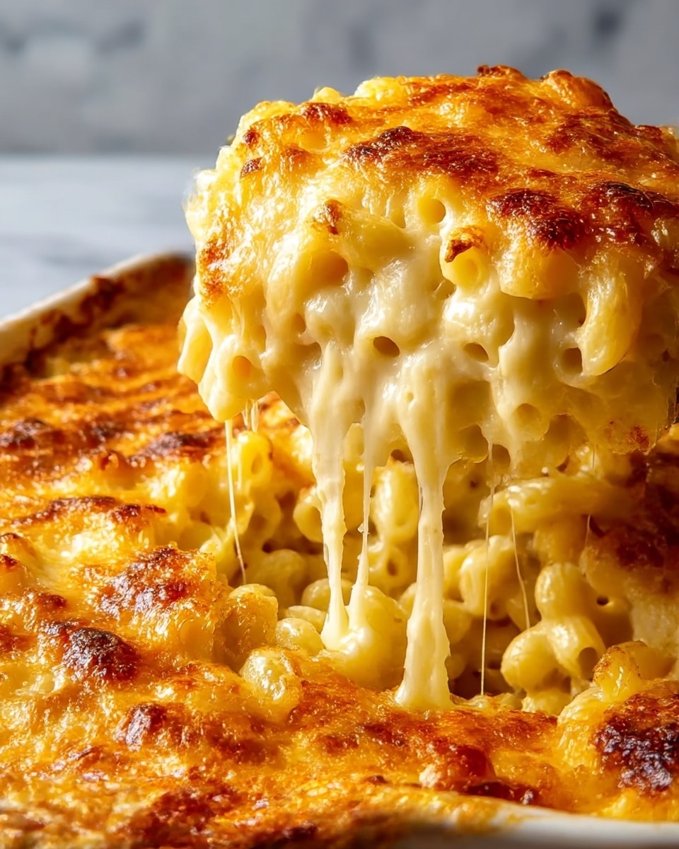 A close-up view of a cheesy macaroni and cheese bake showing a thick, golden brown crust on top with small browned spots. The macaroni underneath looks creamy and gooey with melted cheese stretching as a slice is lifted, revealing tightly packed pasta tubes covered in smooth, melted white and yellow cheese layers. The dish is in a white dish with a white marbled surface in the background. photo taken with an iphone --ar 4:5 --v 7