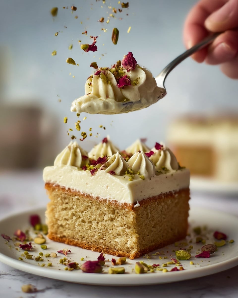 A close-up of a two-layer square slice of cake on a white plate, set against a white marbled background, shows a light brown, soft textured base layer and a thick creamy off-white frosting layer on top. The frosting is decorated with small, swirled peaks of the same cream, each sprinkled with crushed pistachios and dried rose petals. A silver spoon, held by a woman's hand, lifts a portion of the cake topped with the same decorated cream, with small bits of pistachio and petals visibly falling. Scattered crushed pistachios and rose petals surround the cake on the plate. photo taken with an iphone --ar 4:5 --v 7