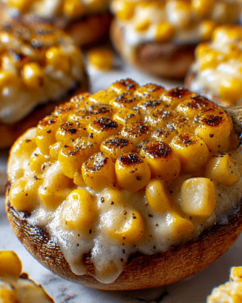 A close-up of a large mushroom cap topped with two thick layers of food: the bottom layer consists of beige, creamy melted cheese mixed with pieces of corn kernels, and on top, a golden-brown grilled corn layer with black pepper sprinkled all over. The mushroom has a slightly charred texture on the edges, and the corn kernels shine with a light glaze. The background shows more mushrooms with similar toppings on a white marbled surface. Photo taken with an iphone --ar 4:5 --v 7