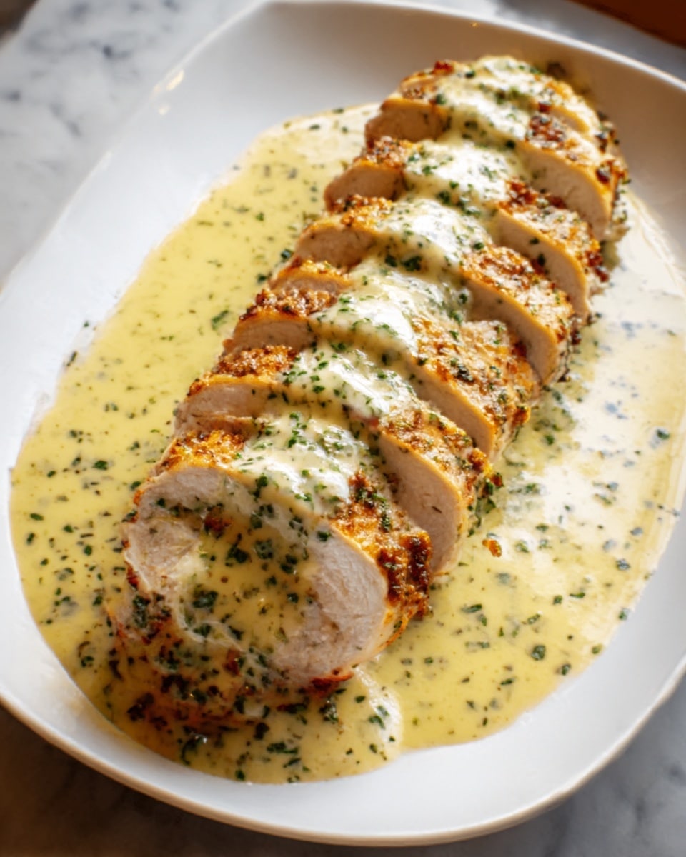 A white plate on a white marbled surface holds a sliced grilled chicken breast arranged in a single row. The chicken has a golden brown, slightly crispy outer layer, revealing a juicy white inside. A creamy yellow sauce with green herbs is poured over the top of the chicken and pools around the base. The sauce has a smooth texture with small bits of herbs visible throughout. photo taken with an iphone --ar 4:5 --v 7