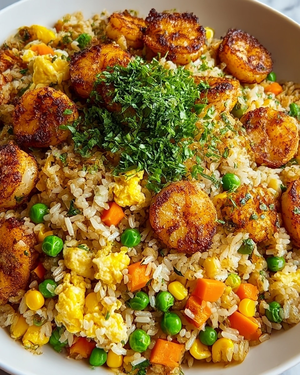 A close-up view of a plate filled with fried rice, showing three main layers: the bottom layer is light brown cooked rice mixed evenly throughout; the middle layer contains bright yellow scrambled eggs, orange carrot cubes, green peas, and yellow corn kernels scattered in a natural, mixed pattern; the top layer is grilled, browned shrimp pieces that are slightly crispy and show char marks, topped with finely chopped fresh green herbs at the center. The whole dish sits on a white plate placed on a white marbled surface. photo taken with an iphone --ar 4:5 --v 7