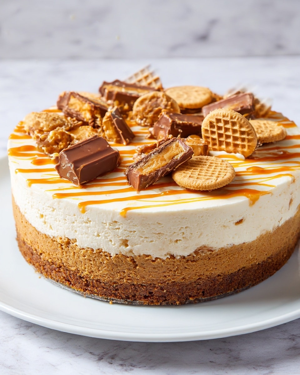 The image shows a two-layer round cake with a thick bottom layer of dense, rich brown texture and a smooth, creamy white top layer. The top is decorated with thin orange swirls laid across the surface, which hold scattered pieces of chocolate-covered peanut butter candy bars and small round beige cookies with a waffle pattern. The cake is on a white plate and the background is a white marbled texture. photo taken with an iphone --ar 4:5 --v 7
