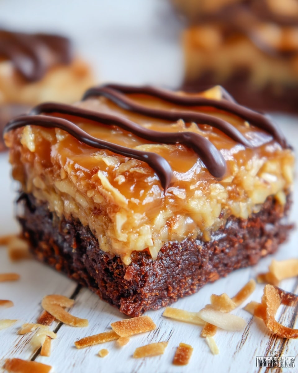 The image shows a close-up of a rich dessert bar with two distinct layers. The bottom layer is a thick, dark brown chocolate brownie with a moist and dense texture. The top layer is a golden-brown coconut topping mixed with a shiny caramel glaze, giving it a sticky and glossy look. On top of the coconut layer, there are two wavy lines of dark chocolate drizzle that add extra contrast. The dessert piece sits on a white wooden surface with some toasted coconut flakes scattered around it. Photo taken with an iphone --ar 4:5 --v 7