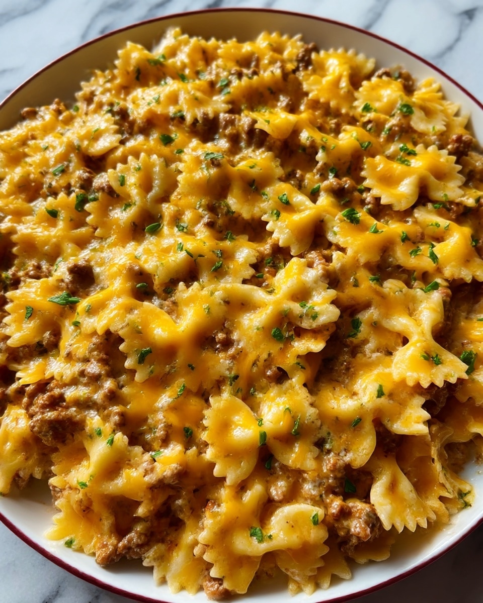 The image shows a white plate filled with cooked bowtie pasta mixed with ground meat and melted yellow-orange cheese evenly spread on top. Small pieces of green herbs are sprinkled across the dish, adding spots of fresh color. The pasta appears creamy with the cheese slightly browned in places, giving a warm and hearty feel. The surface under the plate is a white marbled texture. photo taken with an iphone --ar 4:5 --v 7