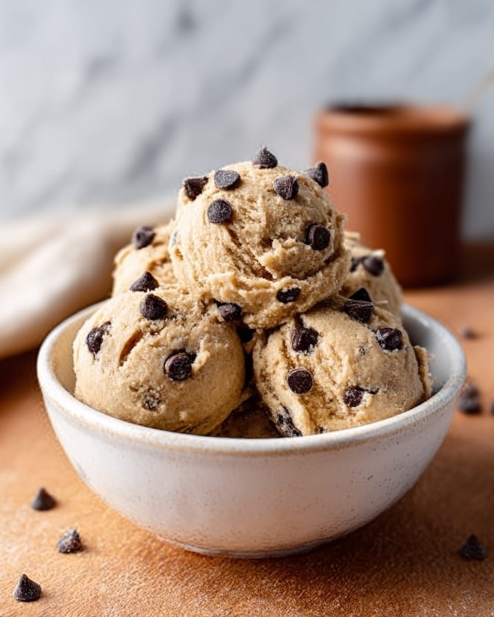 A white bowl filled with four scoops of light brown cookie dough topped with small dark chocolate chips. The dough texture looks soft and slightly chunky, with more chocolate chips mixed in. The bowl sits on a warm wooden surface with a blurred background that shows a brown container and a white marbled wall. photo taken with an iphone --ar 4:5 --v 7