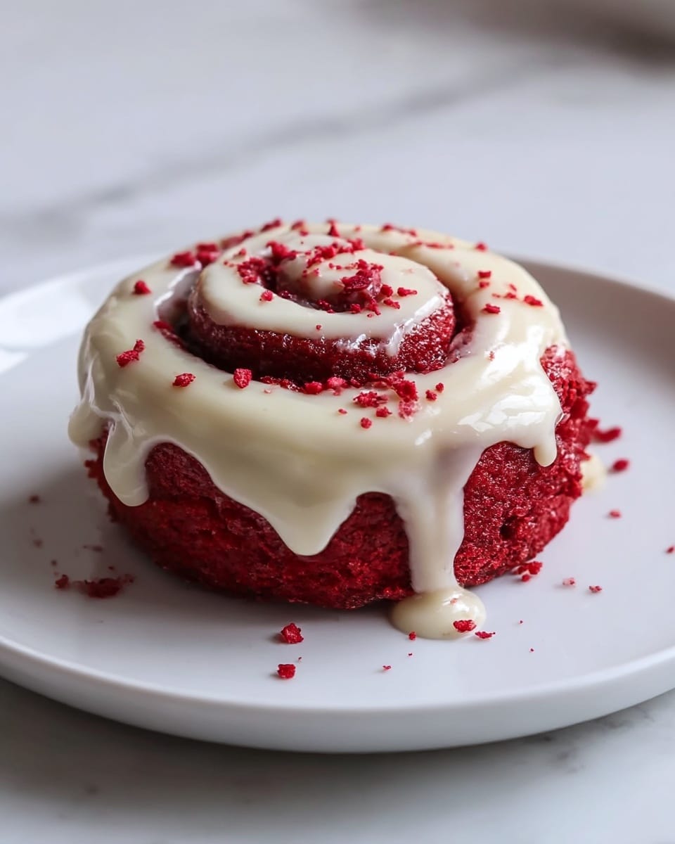 A single red velvet cinnamon roll sits in the middle of a plain white plate, placed on a white marbled surface. The roll has two visible layers: the deep red, moist texture of the cinnamon dough spiraled from the center outward, and a thick layer of white creamy icing generously drizzled on top, slightly dripping down the sides. Small red crumbs are scattered over the icing, adding texture and color contrast. The scene is softly lit, highlighting the glossy sheen of the icing and the rich red hue of the roll. Photo taken with an iphone --ar 4:5 --v 7