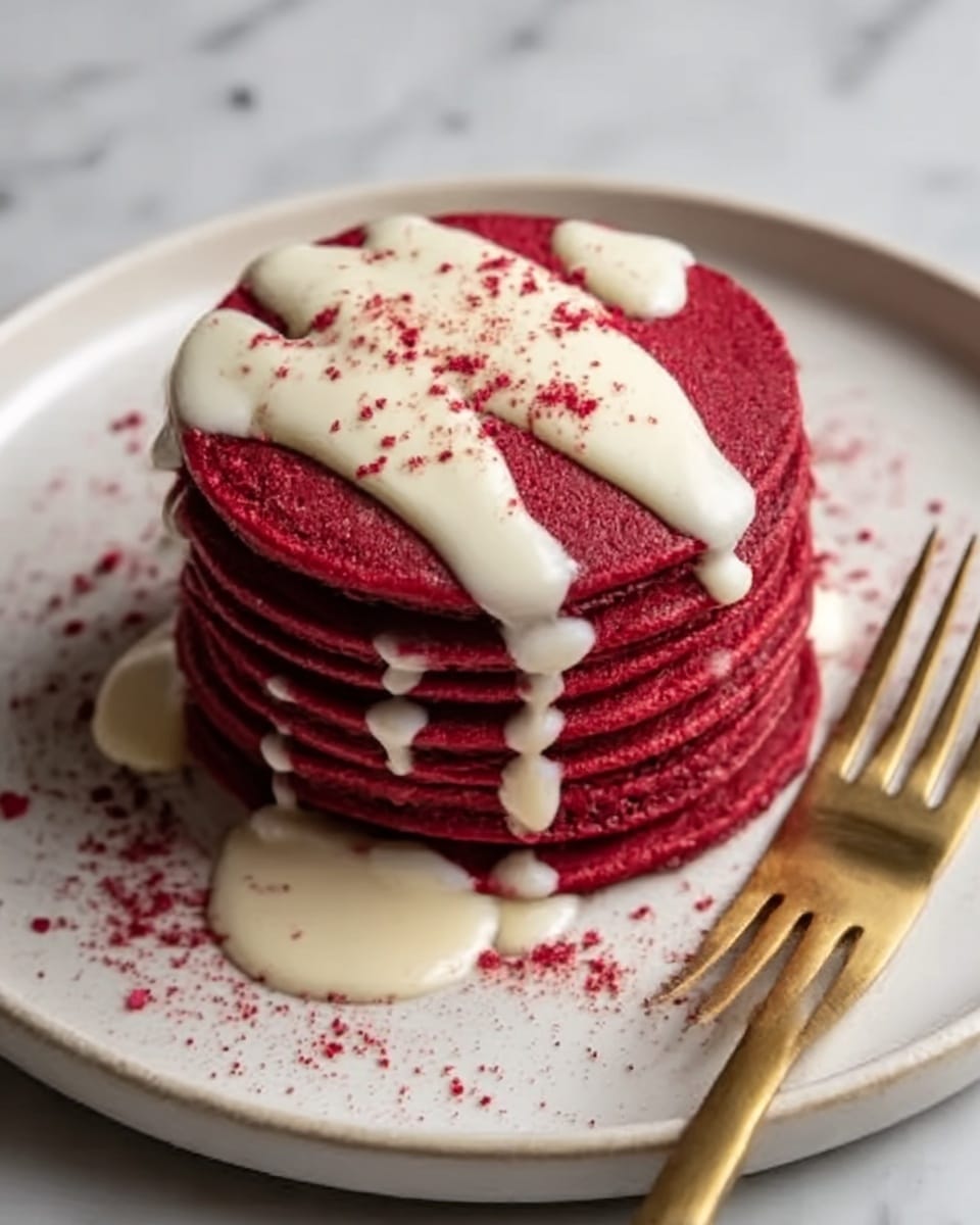 A stack of six red velvet pancakes sits centered on a white plate with a slightly raised edge, each pancake smooth and thick with a deep red color. Creamy white sauce is generously drizzled on top, flowing down the sides of the pancakes with small droplets pooling on the plate. There are fine red powder sprinkles scattered around the pancakes on the plate, adding a touch of texture. A golden fork rests on the right side of the plate. The plate is placed on a white marbled surface. photo taken with an iphone --ar 4:5 --v 7