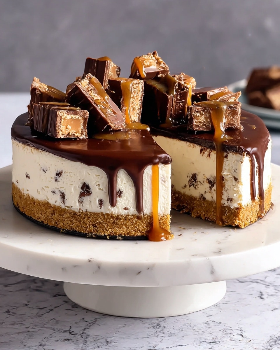 A round layered cheesecake sits on a white cake stand with a white marbled texture surface. The bottom layer is a thick, crumbly golden-brown crust. Above it is a thick creamy white cheesecake layer with small dark chocolate bits inside. The top layer is a smooth, glossy dark chocolate ganache that drips slightly down the side. On top are uneven chunks of chocolate bars with caramel dripping over them, adding a shiny golden touch. A large slice is cut out, showing the layers and caramel dripping down the slice edge. photo taken with an iphone --ar 4:5 --v 7
