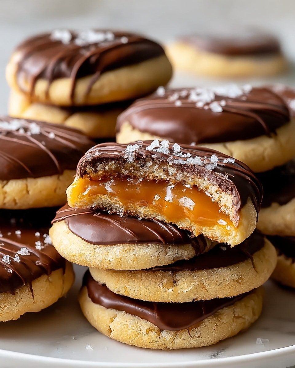 The image shows thick, round cookies with a pale golden base layer that looks soft and crumbly. Each cookie is topped with a smooth, glossy layer of dark chocolate that has delicate drizzles on top, adding texture and shine. One cookie is broken in half, revealing a thick, gooey caramel layer inside with a slightly chewy texture. Scattered on the chocolate surface are small flakes of coarse salt, giving a contrast with bright white sparkle. The cookies are stacked closely on a white plate, all placed on a white marbled surface. Photo taken with an iphone --ar 4:5 --v 7