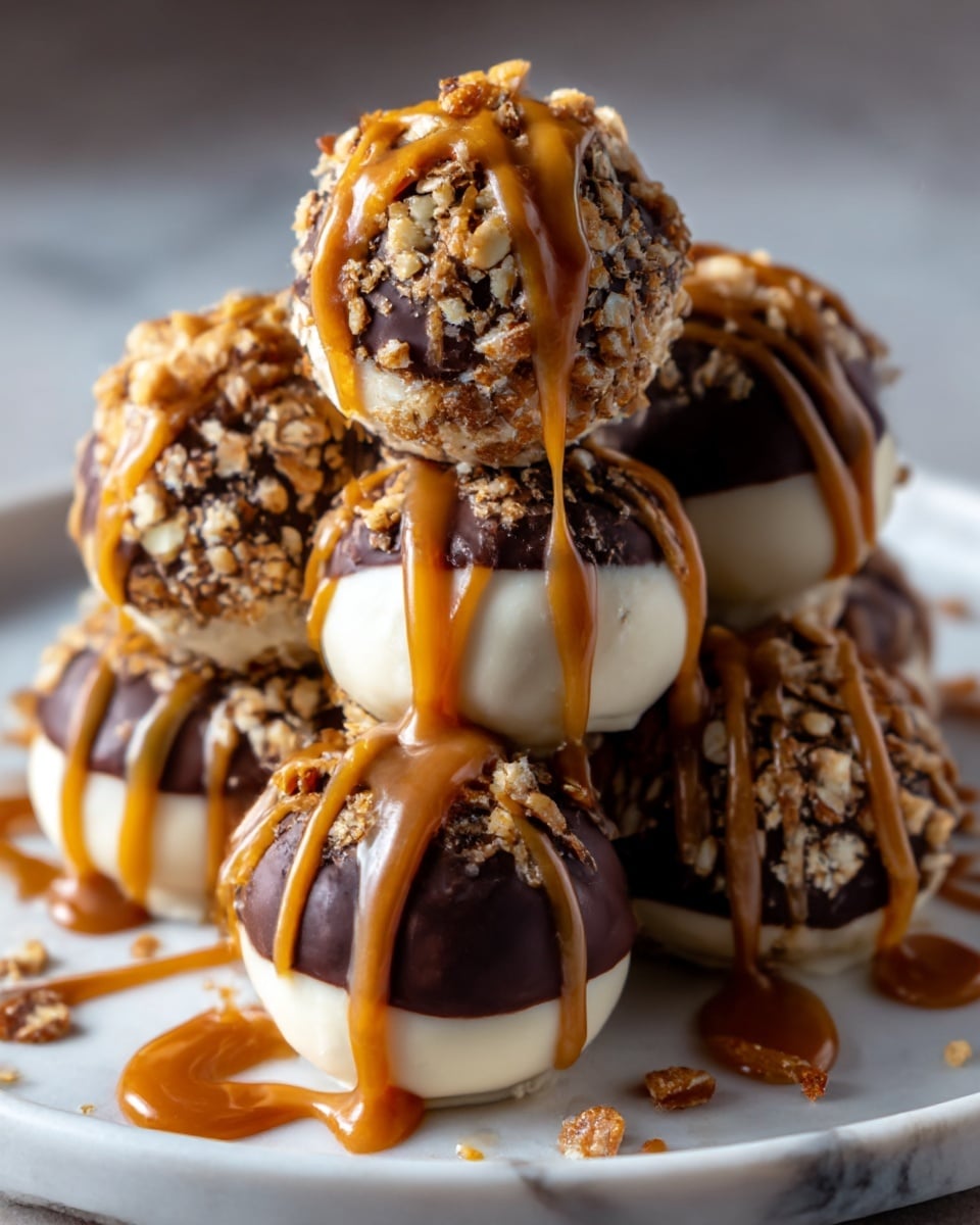 The image shows a stack of six round dessert balls with layers of smooth white chocolate on the bottom and dark chocolate on top, covered with a crunchy coating made of crushed pretzels. Each ball is drizzled with thick caramel sauce that glistens under soft lighting. The balls are arranged in a pyramid shape on a white plate with a white marbled texture surface underneath, and some caramel sauce is also scattered around the plate. Photo taken with an iphone --ar 4:5 --v 7