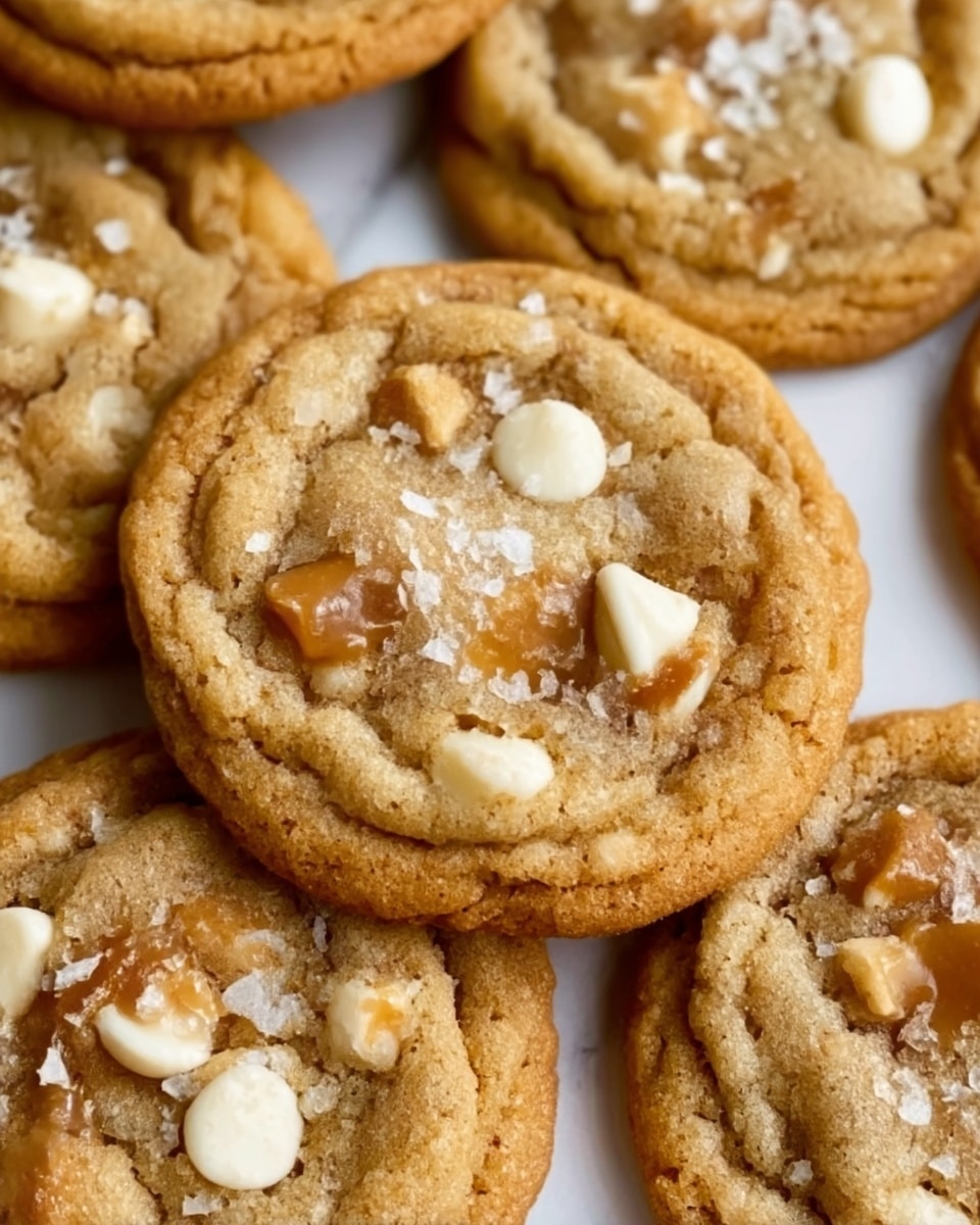 A close-up image of several soft, round cookies with golden-brown edges and a chewy center. Each cookie has a slightly cracked surface showing gooey melted white chocolate chips and bits of light caramel or toffee embedded inside. The cookies have a slightly uneven texture with small chunks and a sprinkle of coarse salt scattered on top. The background is a white marbled texture. Photo taken with an iphone --ar 4:5 --v 7
