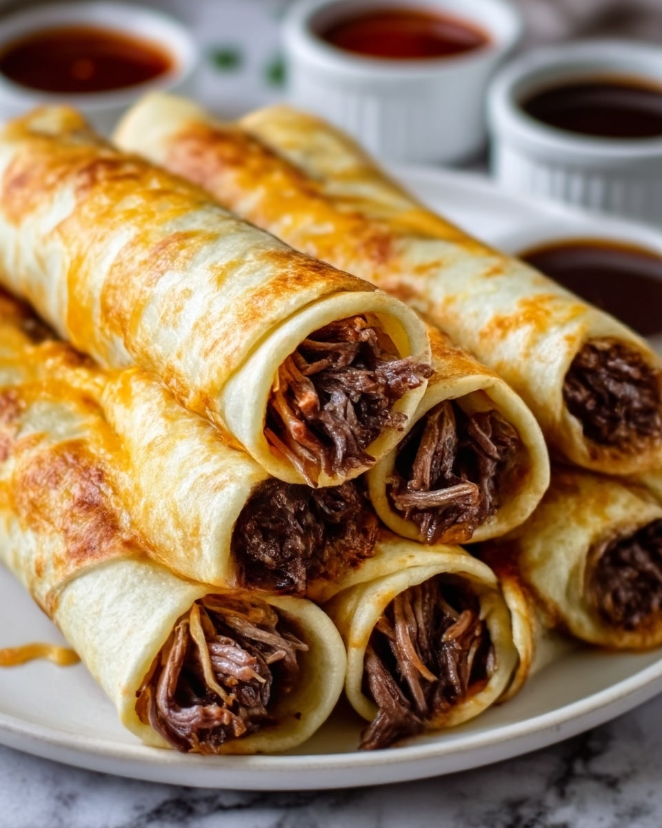 A white plate stacked with six rolled crepes filled with shredded beef, each crepe showing a thin, light golden-brown outer layer with a slightly crispy texture. The crepes are layered one on top of another, some slightly open at the ends revealing moist, tender, dark brown beef inside. The plate is placed on a white marbled surface, with small containers of red and dark brown dipping sauces nearby. The image shows the crepes in close-up with soft lighting highlighting their smooth texture and the juicy meat inside. Photo taken with an iphone --ar 4:5 --v 7