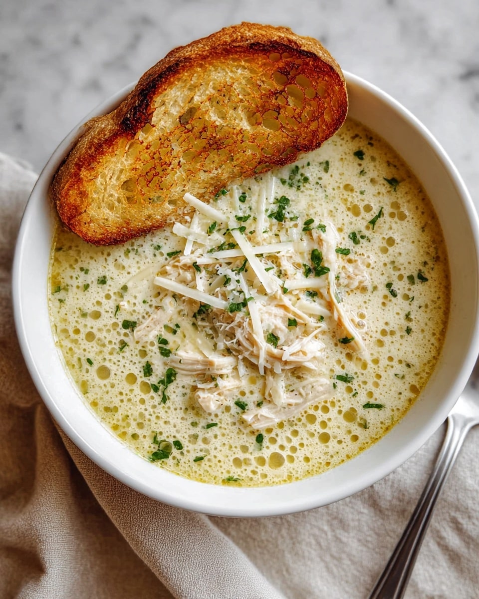 A white bowl filled with creamy chicken soup showing multiple layers: at the bottom, a light yellow creamy broth with small bubbles, topped with chunks of shredded white chicken meat, sprinkled with thin strips of white cheese and small chopped green herbs scattered across the surface. On one side, a slice of toasted golden-brown bread is placed inside the bowl, showing crisp texture with darker toasted spots. A silver spoon is partially visible on the right edge of the bowl. The bowl rests on a soft beige cloth over a white marbled surface photo taken with an iphone --ar 4:5 --v 7
