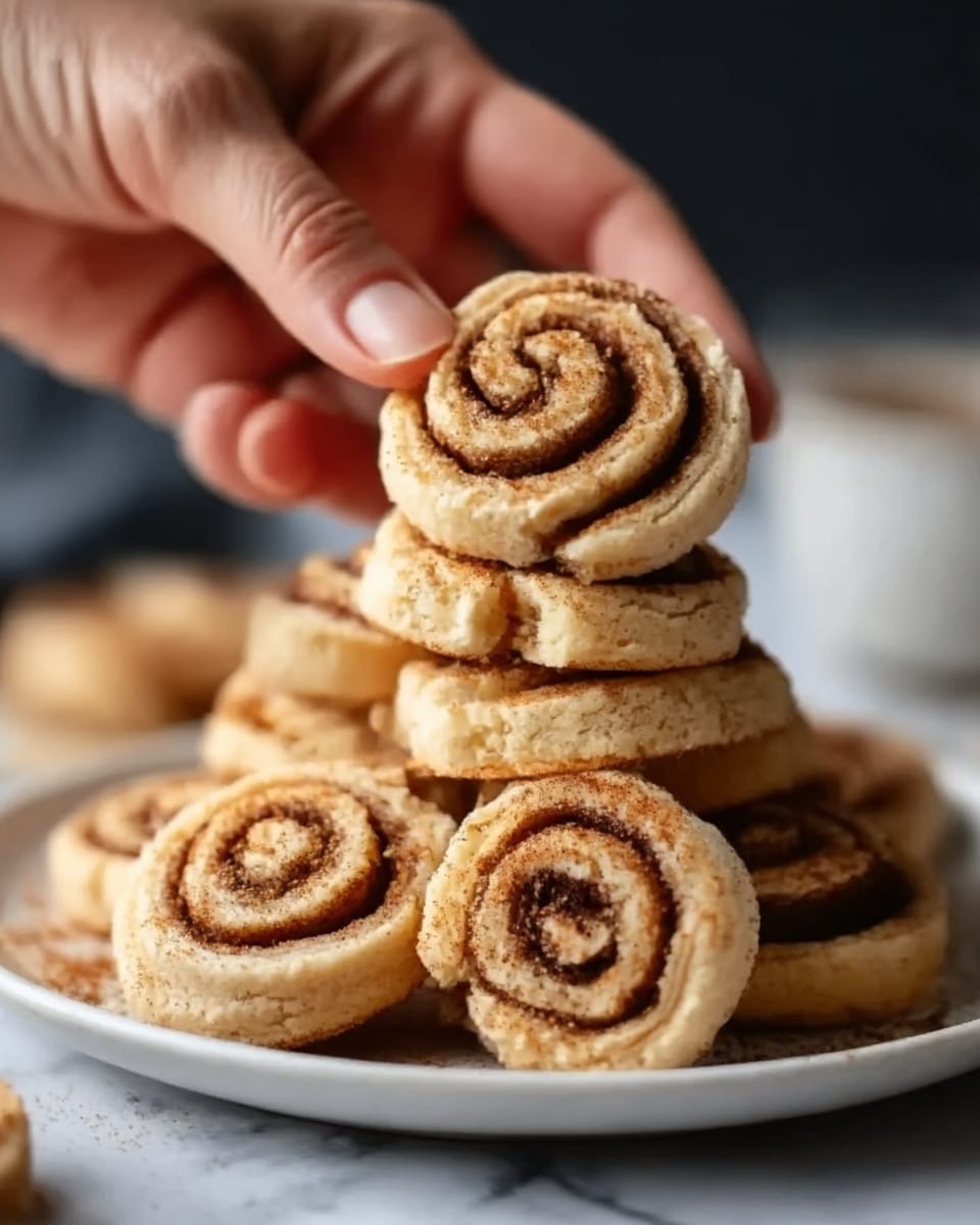 The image shows six cinnamon roll cookies stacked on a white plate with a white marbled surface underneath. Each cookie has distinct swirls with a golden-brown outer layer and a darker cinnamon filling in the middle. The texture looks soft and slightly crumbly with some sprinkled cinnamon on top. A woman's hand is reaching toward the plate from the left side. Photo taken with an iphone --ar 4:5 --v 7