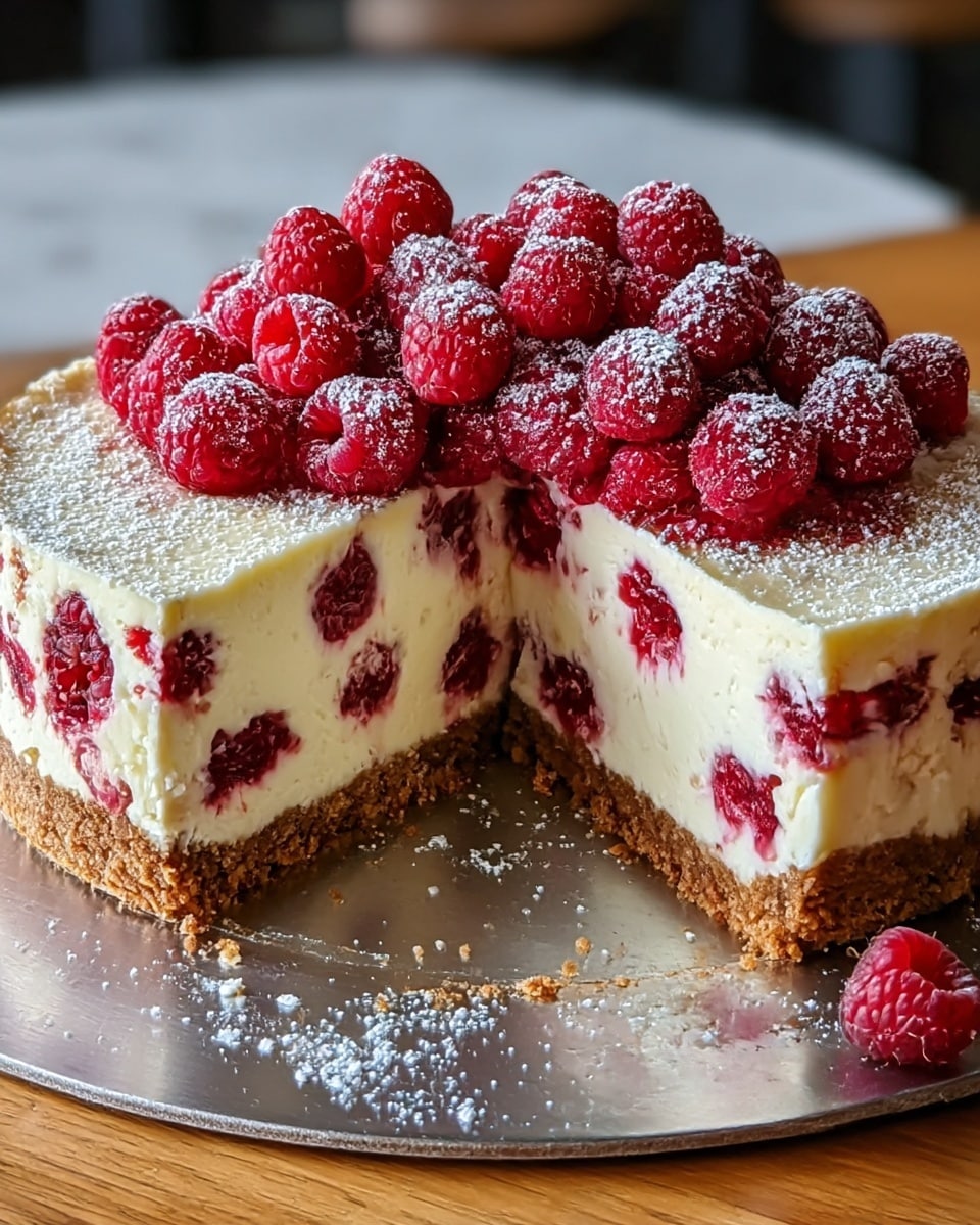 A round cheesecake with three visible layers sits on a silver surface with some crumbs and powdered sugar scattered around. The bottom layer is a thick, crumbly light brown crust. Above it is a thick, creamy white cheesecake layer stuffed with whole raspberries that show through bright red spots inside. The top layer has a dense pile of fresh raspberries, bright red with a dusting of powdered sugar that adds a soft white tone on top. The cake has a slice cut out, revealing the inside layers clearly. The background is blurred with a wooden table and a white marbled texture surface. Photo taken with an iphone --ar 4:5 --v 7