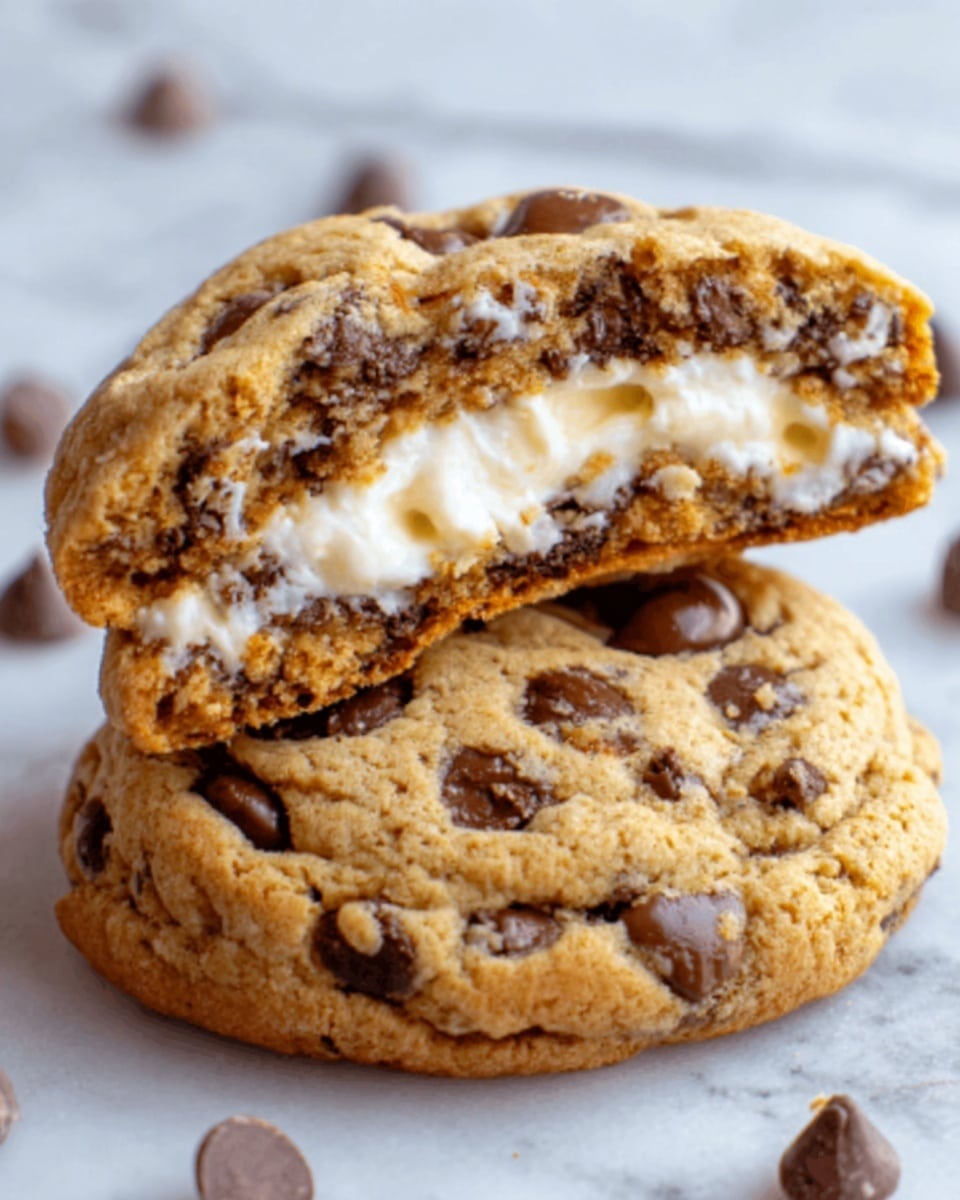 The image shows two chocolate chip cookies with cream cheese filling, stacked on a white marbled surface. The bottom cookie is whole and golden brown with chocolate chips scattered on top, while the top cookie is cut in half to reveal a thick white cream cheese layer inside, surrounded by a soft cookie layer with chocolate chips embedded. The cookies have a slightly cracked and crumbly texture. Small chocolate chip pieces are visible around the cookies. Photo taken with an iphone --ar 4:5 --v 7