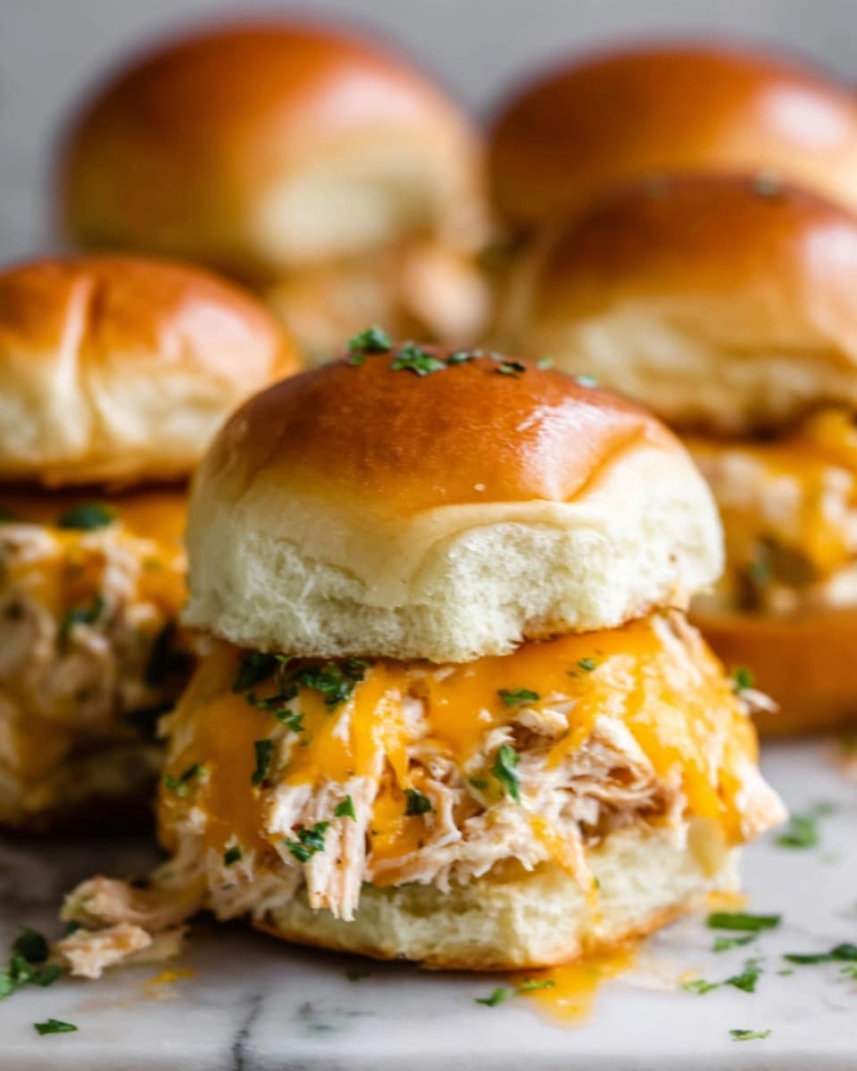 A close-up image of a double-layer chicken sandwich placed on a white marbled surface. The sandwich consists of three soft, shiny, golden-brown buns with a slightly glossy top, stacked to form two layers. Between the buns are thick pieces of shredded white chicken mixed with green herbs, creating a textured and moist middle layer. On top of the chicken is a layer of melted bright orange cheddar cheese that looks gooey and slightly dripped down the sides. Small sprinkles of chopped green herbs are scattered on the chicken and cheese for added color. The background is softly blurred with similar sandwiches visible but out of focus. photo taken with an iphone --ar 4:5 --v 7