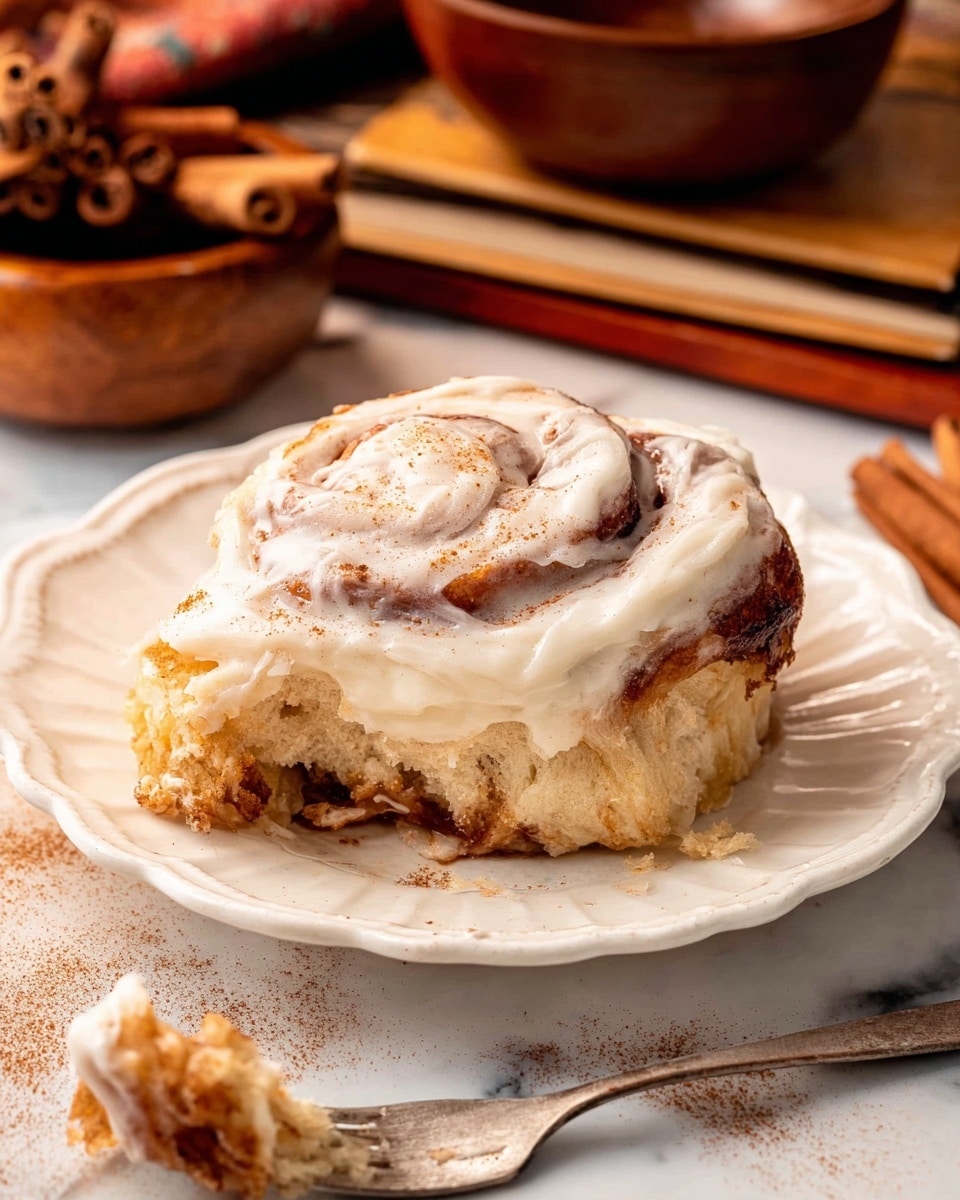 A cinnamon roll sits on a white scalloped plate, showing three visible layers: a bottom layer of soft, slightly gooey golden brown dough, a middle swirled layer of cinnamon and sugar filling that looks sticky and rich, and a thick top layer of creamy white frosting with light specks of cinnamon scattered across it. Part of the roll is pulled apart, revealing its soft inside texture, and a fork holding a bite with sticky cinnamon filling is visible in the lower left corner. The scene is set on a white marbled surface with cinnamon sticks nearby and blurred wooden bowls and a book in warm brown tones in the background. Photo taken with an iphone --ar 4:5 --v 7