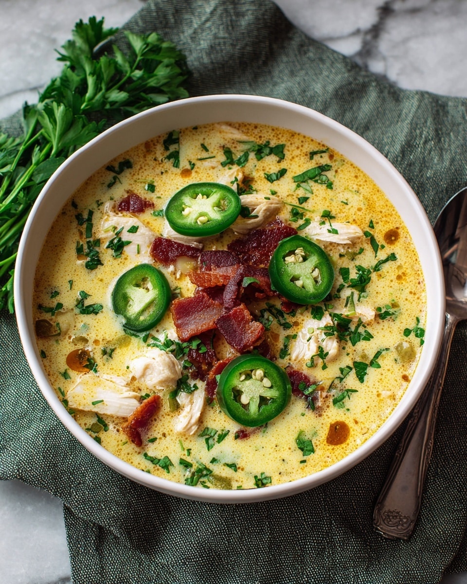 A white bowl filled with creamy yellow soup, layered with chunks of white chicken, small pieces of dark red crispy bacon in the center, and several slices of bright green jalapeño scattered on top. The surface of the soup shows a mix of smooth creamy texture with sprinkled chopped fresh green herbs evenly spread. The bowl sits on a gray and green fabric napkin, placed on a white marbled textured surface, with a silver spoon resting next to it. Photo taken with an iphone --ar 4:5 --v 7