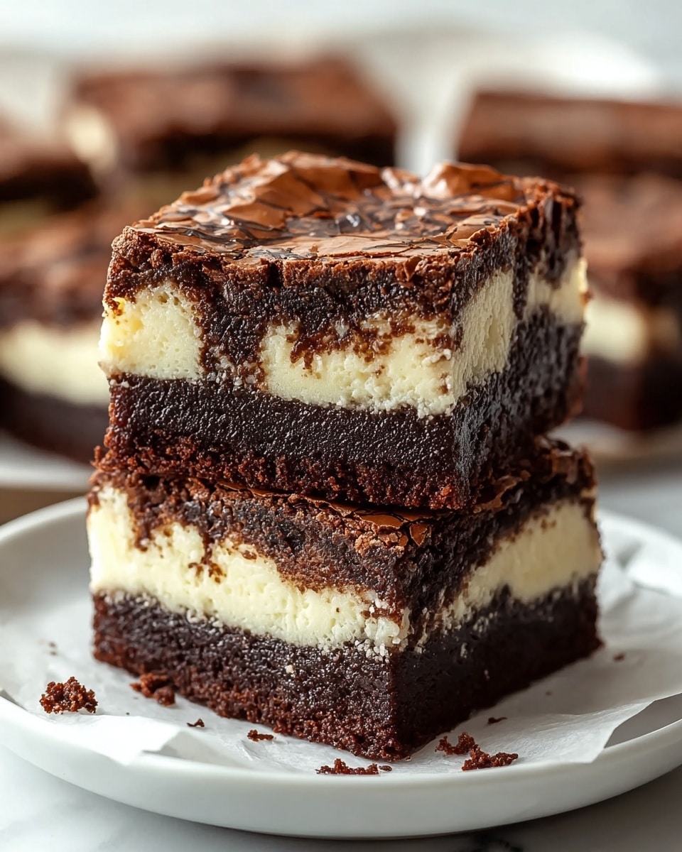 A stack of two thick square brownie pieces sits on white parchment paper on a white plate over a white marbled surface. Each brownie has three visible layers: a smooth, dense dark brown base layer, a creamy white middle layer that looks soft and slightly textured, and a cracked, shiny dark brown top layer with a thin, delicate crust. The edges are sharp, and crumbs are lightly scattered around. The background is softly blurred with more brownies visible. Photo taken with an iphone --ar 4:5 --v 7