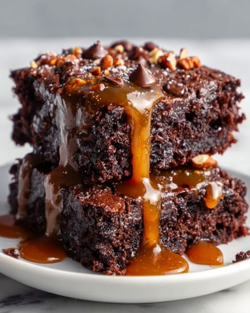 Two thick, dark brown chocolate brownies are stacked on a white plate placed on a white marbled surface. The brownies look moist and rich, with a crumbly texture visible on the edges. The top brownie is covered with glossy chocolate chips and chopped nuts, and golden caramel sauce drips over the sides in thick streams, creating a glossy, sticky layer that contrasts with the matte texture of the brownies. The lighting highlights the shine of the caramel and chocolate, making the dessert look very inviting. Photo taken with an iphone --ar 4:5 --v 7