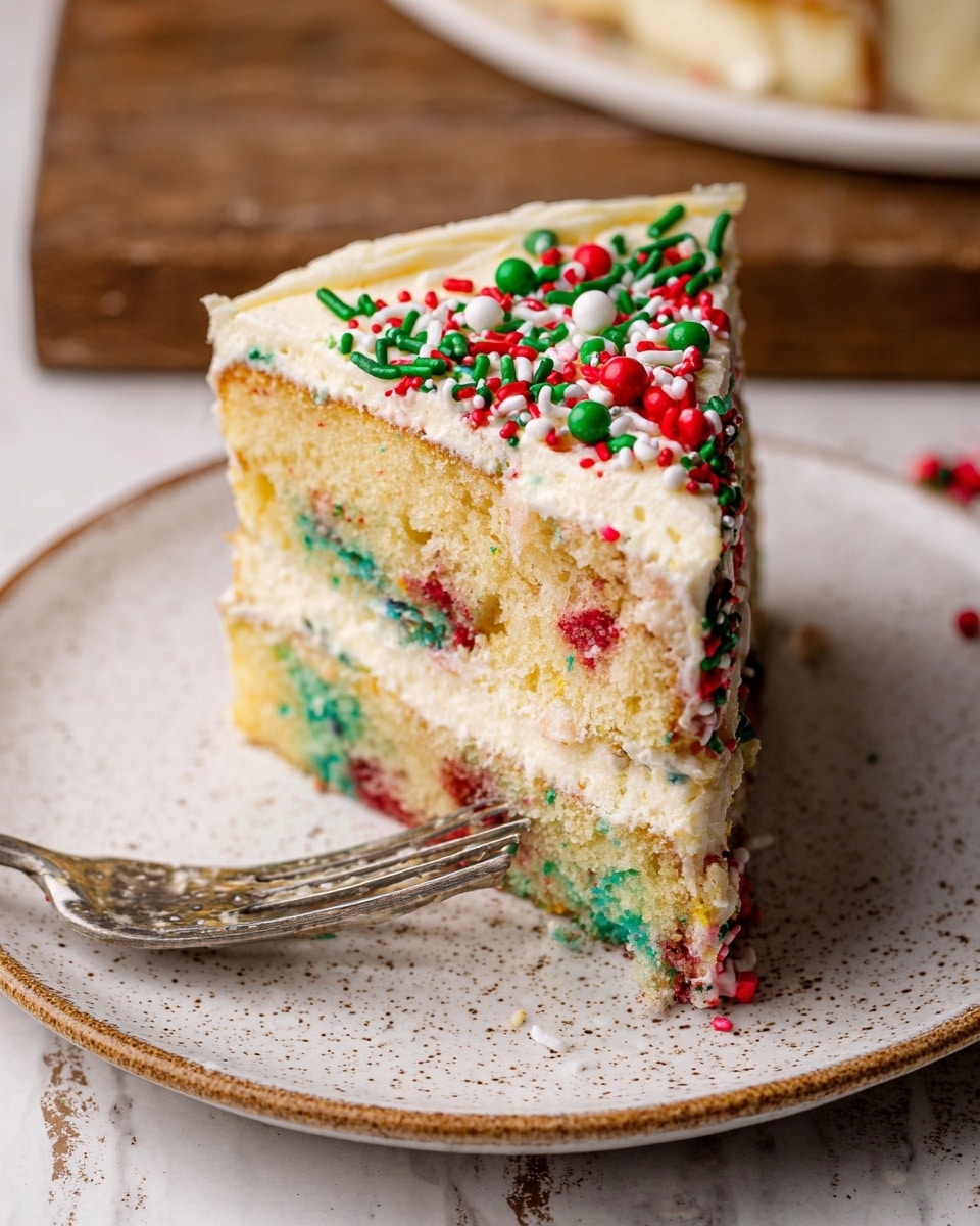 A slice of funfetti cake sits on a white speckled plate with a silver fork resting on the cake's bottom edge. The cake has three layers: a thick, dense layer of white creamy frosting in the middle with red and green sprinkles inside, a colorful spongy layer with red, green, and blue sprinkles on top, and a smooth white frosting layer on the side decorated with red, green, and white round and stick sprinkles. The background is a white marbled texture with a wooden surface underneath the plate. photo taken with an iphone --ar 4:5 --v 7