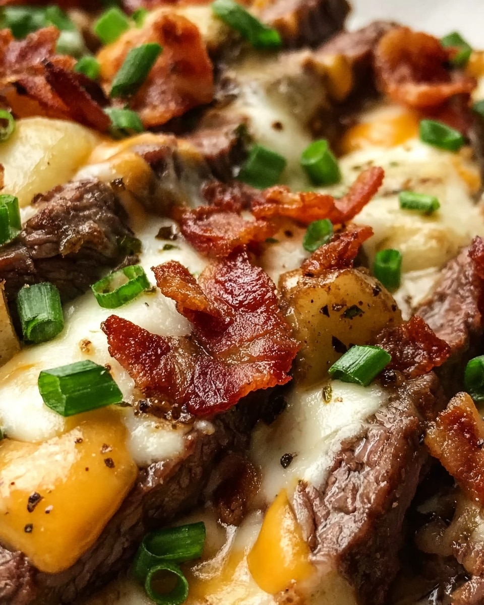Close-up view of a dish showing several thick strips of cooked steak with a brown, slightly seared texture layered alongside pieces of melted cheddar and white cheese that are creamy and gooey. Scattered on top are crispy, reddish-brown bacon bits and small bright green chopped scallions. The background is a soft focus of white marbled texture. photo taken with an iphone --ar 4:5 --v 7