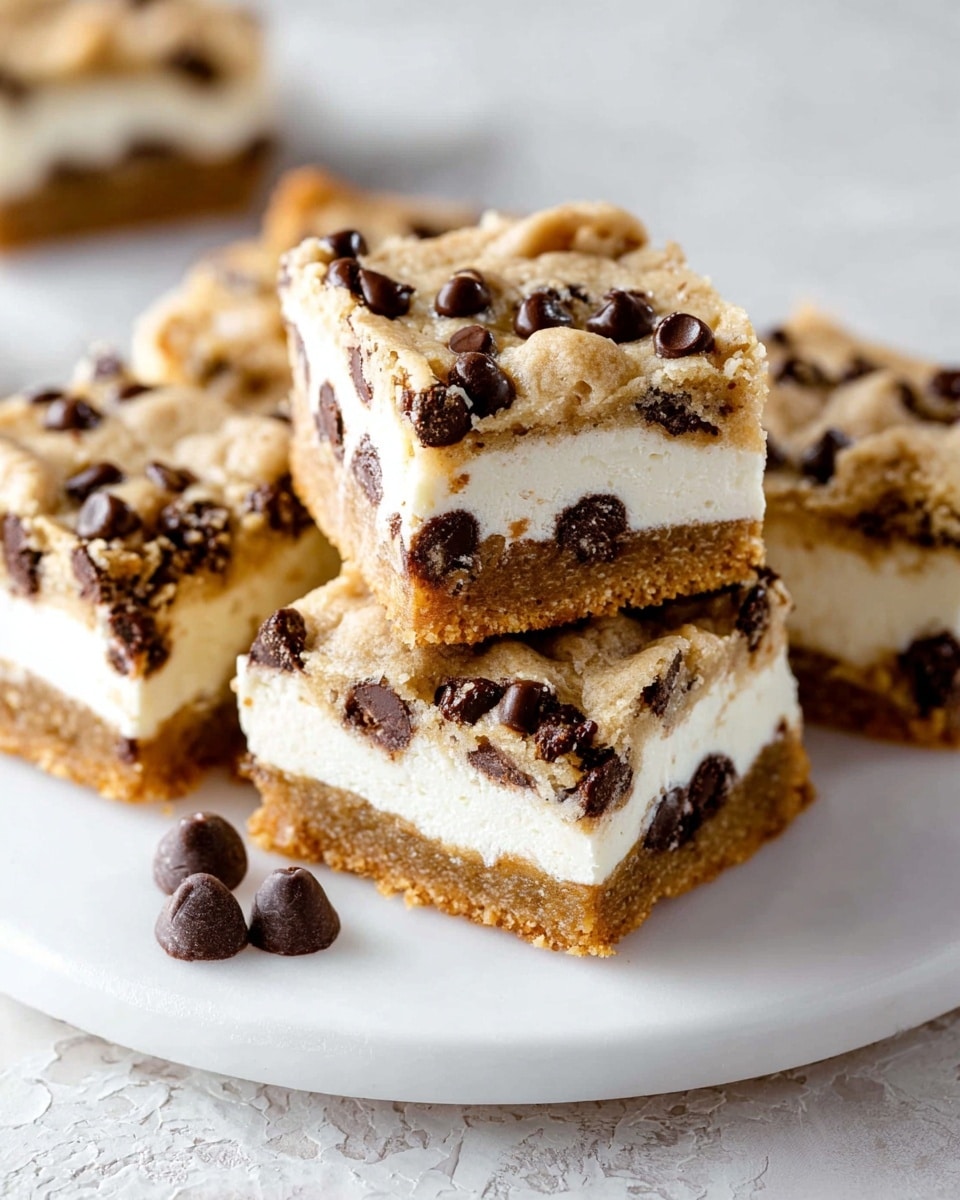 The image shows four square dessert bars sitting on a white plate with a white marbled texture underneath. Each bar has three clear layers: the bottom is a thick, crumbly golden brown crust, the middle is a smooth white creamy filling, and the top is a chunky, light tan cookie dough layer with many dark brown chocolate chips scattered throughout. Two loose chocolate chips are placed on the plate near the bars. The bars have a rough, homemade texture on top with visible chocolate chips giving a rich contrast. Photo taken with an iphone --ar 4:5 --v 7