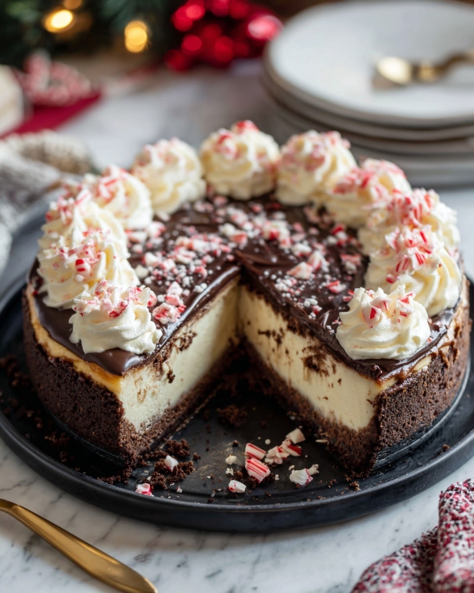A rich cheesecake sits on a round black tray placed on a white marbled surface, with one large slice removed to show its layers. The cheesecake has three visible layers: a dark brown crumbly crust at the bottom, a thick creamy off-white middle layer of cheesecake, and a glossy dark chocolate topping spread evenly over the top. Swirls of white whipped cream are evenly spaced around the edge, each topped with crushed pink and white peppermint candy pieces. Crumbs from the removed slice rest near the empty space, and a gold fork lies beside the slice on the tray. The background shows blurred festive decorations and a white plate on the same marbled surface. Photo taken with an iphone --ar 4:5 --v 7