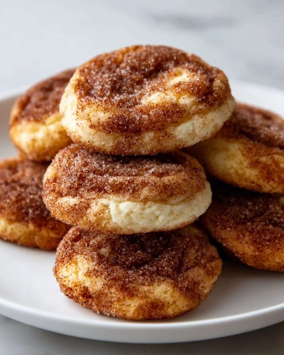 A white plate holds a stack of round cookies with two visible layers: the bottom layer is golden brown and slightly crispy, while the top layer is covered with a darker brown, crumbly cinnamon sugar mix that looks slightly grainy and soft. The cookies are piled in a casual heap, showing their fluffy and slightly crinkled texture with some sugar granules visible on top. The background is a white marbled texture. Photo taken with an iphone --ar 4:5 --v 7