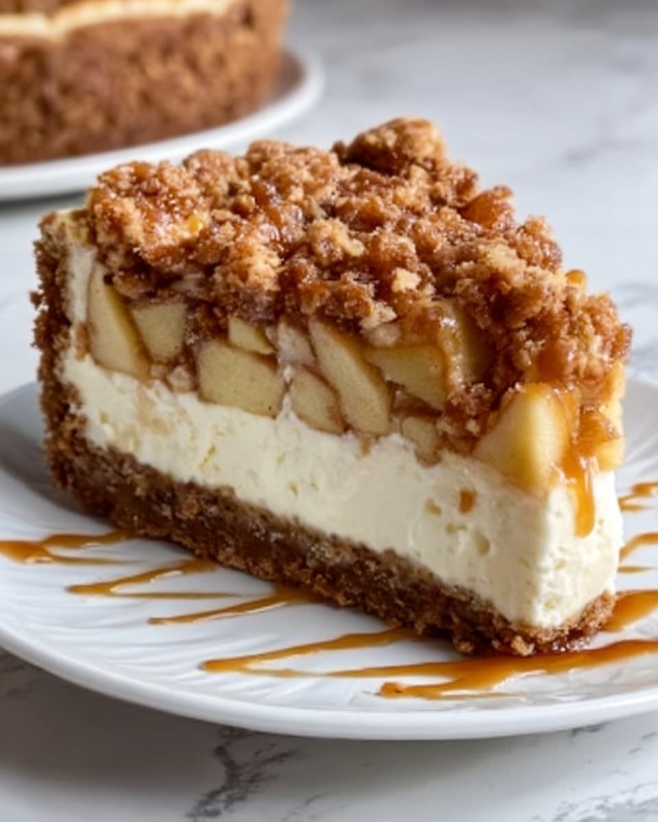 The image shows a slice of pie with three clear layers. The bottom layer is a brown crust, looking crunchy and crumbly. Above that, there is a thick, creamy, white filling that looks smooth and soft. On top of the filling, there are small apple pieces mixed in, with a light golden color and soft texture. The top layer is a crumbly, brown streusel with a drizzle of caramel sauce that shines in the light. The slice is placed on a white plate on a white marbled surface. Photo taken with an iphone --ar 4:5 --v 7