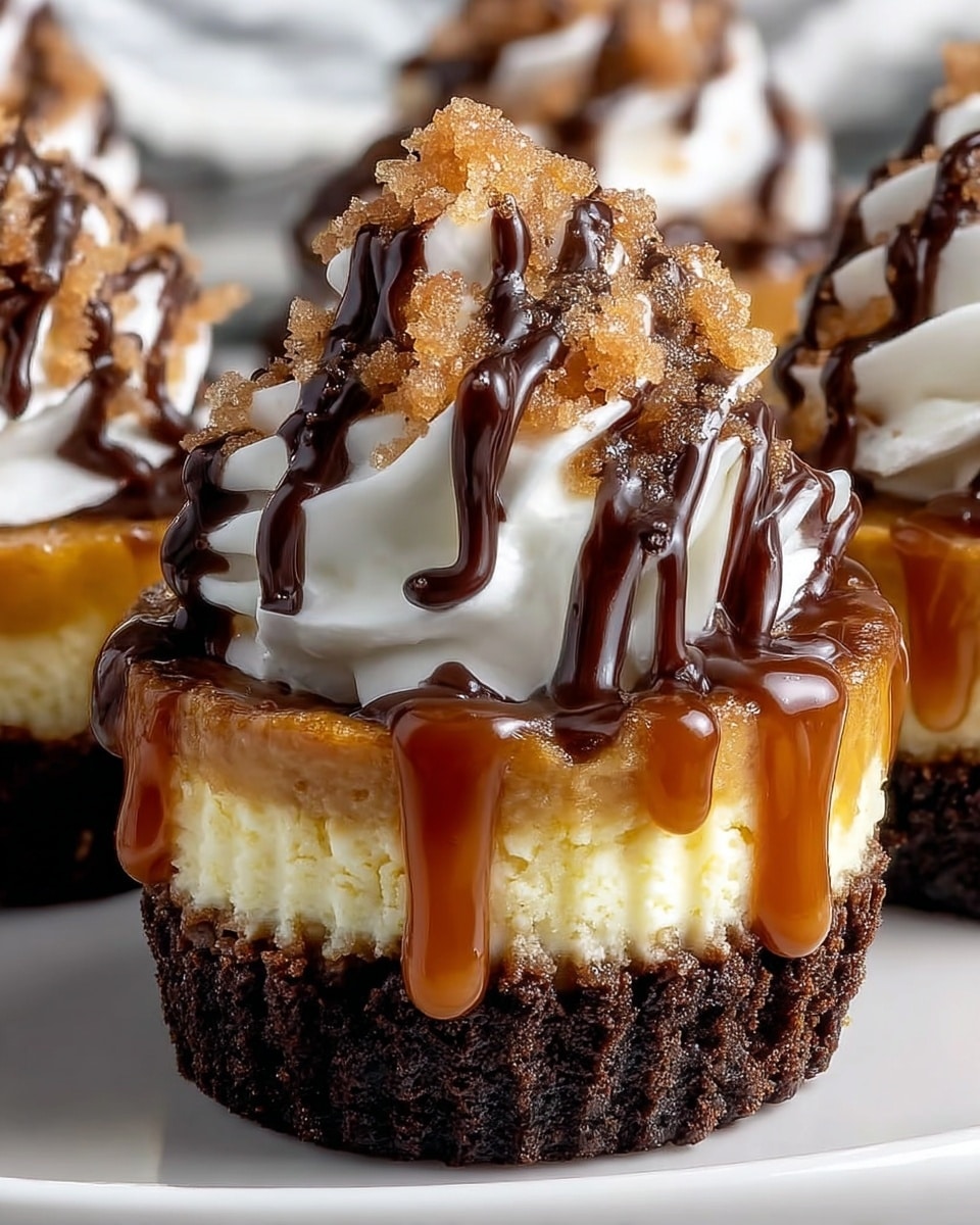 A close-up view of a mini cheesecake cupcake with four distinct layers: the bottom layer is a dark, crumbly chocolate crust; the second layer is a smooth, creamy pale yellow cheesecake; the third layer is a shiny caramel sauce dripping down the sides; on top is a swirl of white whipped cream, covered in thick, glossy chocolate drizzle and sprinkled with light brown sugar crystals. The cupcake is placed on a white plate against a white marbled textured background, with more similar cupcakes visible in the blurred background. Photo taken with an iphone --ar 4:5 --v 7