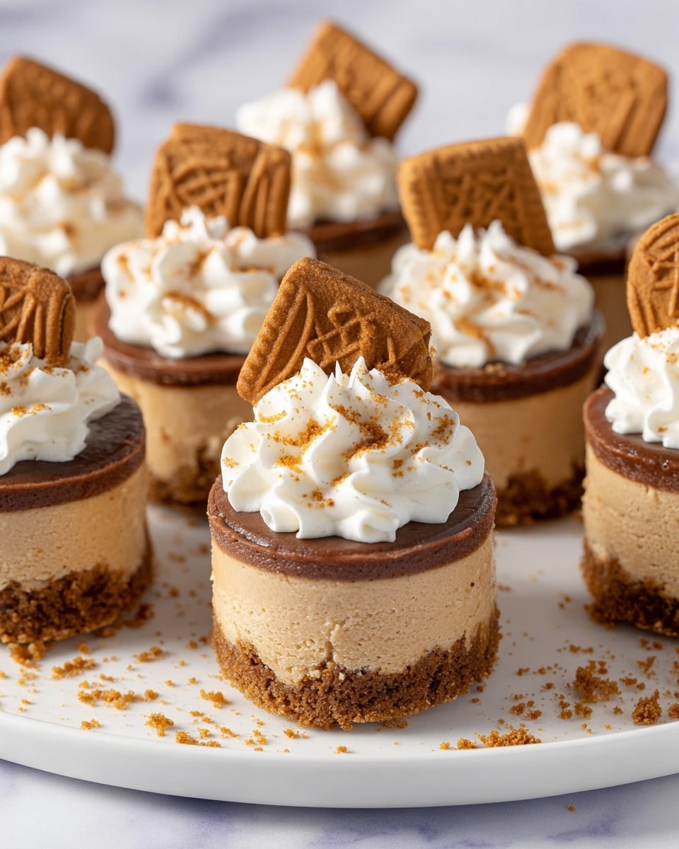 The image shows several small, round mini cheesecakes arranged closely on a white plate set on a white marbled surface. Each cheesecake has three distinct layers: a thick crumbly brown biscuit base as the bottom layer, a creamy light brown filling as the middle layer, and a smooth chocolate layer on top. On the top center of each mini cheesecake is a generous swirl of white whipped cream sprinkled with fine brown crumbs. A single square brown biscuit with a patterned edge is placed upright, partially pressed into the whipped cream on each cheesecake. There are scattered crumbs around the plate adding texture and detail to the scene. photo taken with an iphone --ar 4:5 --v 7