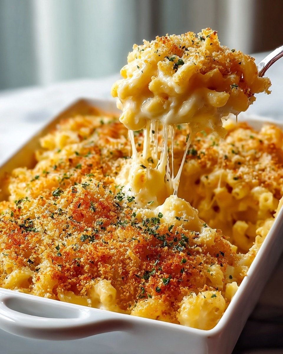 A white rectangular baking dish filled with creamy, cheesy macaroni and cheese shows multiple layers: the bottom is soft, tender cooked macaroni covered by smooth, melted yellow cheese sauce, topped with a golden brown, crispy breadcrumb crust sprinkled with chopped green herbs. A woman's hand is lifting a spoonful, revealing stretchy, gooey cheese strands and the contrast between the creamy pasta and crunchy topping. The dish is placed on a white marbled surface with soft natural light creating a warm, inviting atmosphere. photo taken with an iphone --ar 4:5 --v 7