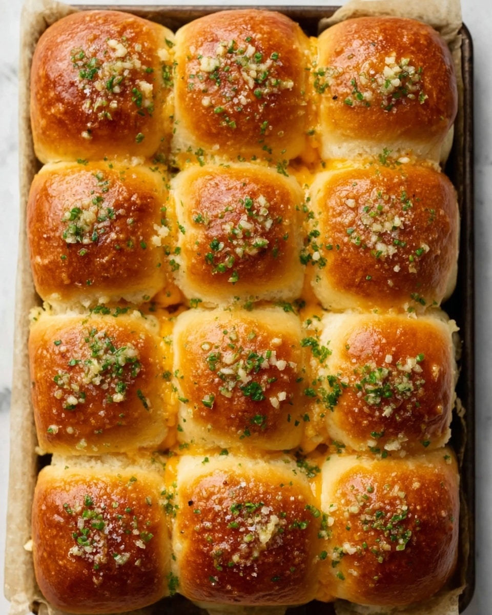A tray of twelve golden brown dinner rolls arranged in a 3 by 4 grid, each roll topped with tiny bits of garlic and sprinkled with fresh green chopped herbs, creating a textured and inviting surface. The rolls have a soft, shiny crust with a slight gloss, showing a light sprinkling of coarse salt that adds contrast. The edges where the rolls touch are softer and less browned, highlighting their fluffy texture, and the tray underneath is lined with a slightly browned parchment paper. The background is a white marbled texture. Photo taken with an iphone --ar 4:5 --v 7