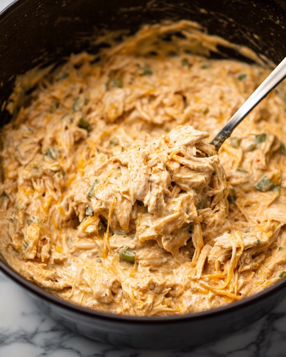 This image shows a creamy, mixed dish inside a dark cooking pot, with a metal spoon partially lifted, scooping the food. The dish consists of shredded chicken mixed evenly with melted cheese, creamy sauce, and bits of green pepper, creating a thick, rich texture. The colors are primarily light orange and cream, with small green and darker specks scattered throughout, showing the presence of spices and vegetables. The food looks soft and well-blended, with stringy cheese fibers visible throughout. The background is changed to a white marbled texture. Photo taken with an iphone --ar 4:5 --v 7