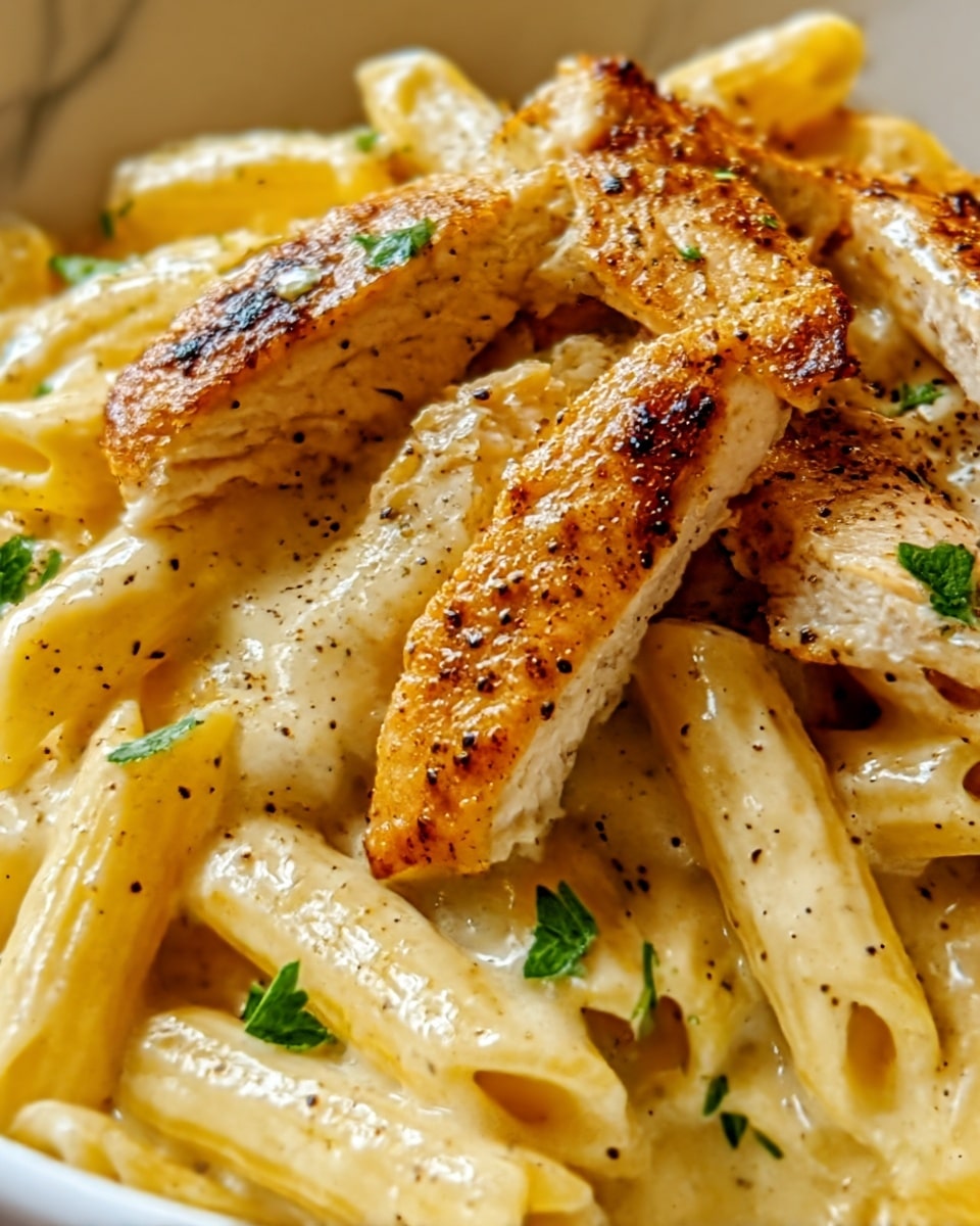 A close-up view of creamy pasta with penne noodles coated in a rich, light yellow sauce. On top, several pieces of golden-brown grilled chicken with a slightly crispy texture are scattered unevenly. Small green parsley leaves are sprinkled throughout, adding a touch of color contrast. The dish is presented on a white plate, resting on a white marbled surface. The overall look is warm and inviting, showing a mix of creamy, smooth sauce and textured grilled chicken. Photo taken with an iphone --ar 4:5 --v 7