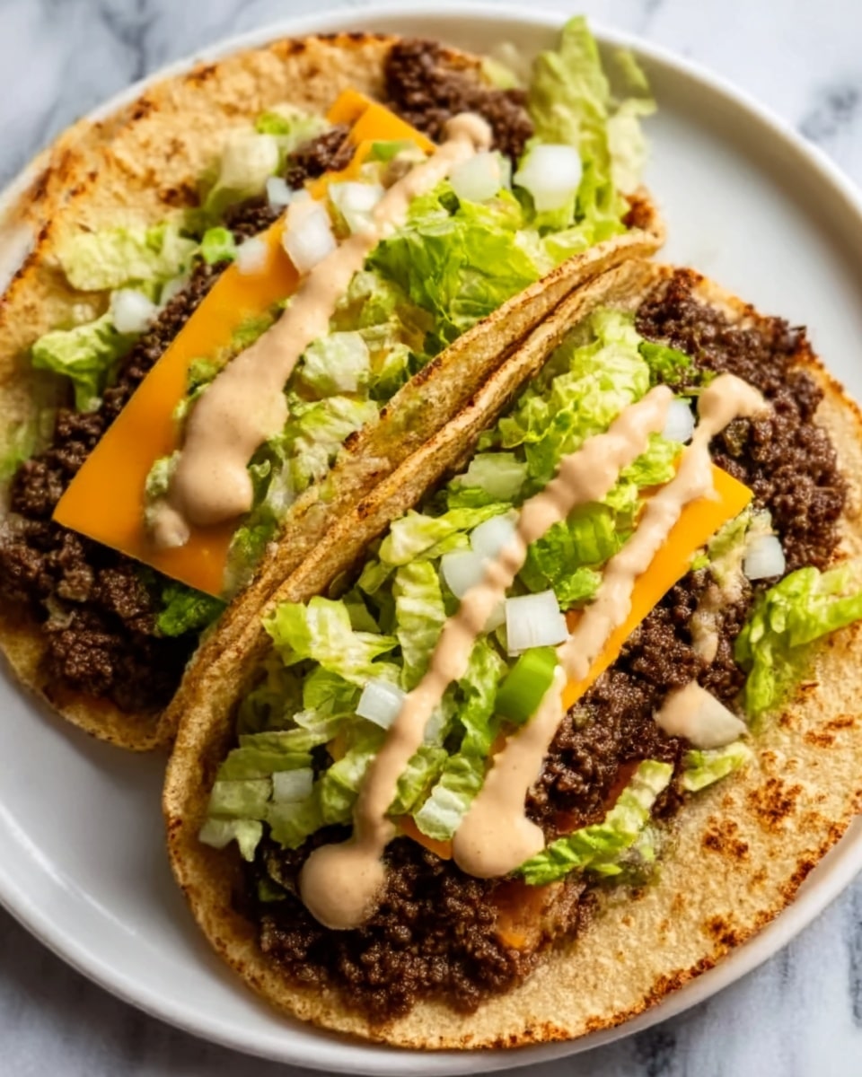The image shows two tacos placed on a white plate on a white marbled surface. Each taco has a soft, slightly toasted tortilla base, filled with a layer of crushed ground beef that is dark brown in color. On top of the beef, there is a slice of bright orange cheddar cheese. Above the cheese, there is a generous amount of chopped light green lettuce mixed with small, white diced onions. Drizzled over the top of the lettuce and onions is a creamy beige sauce, adding texture and contrast to the fresh ingredients. The overall look is fresh and vibrant, with each layer clearly visible and well-arranged. Photo taken with an iphone --ar 4:5 --v 7